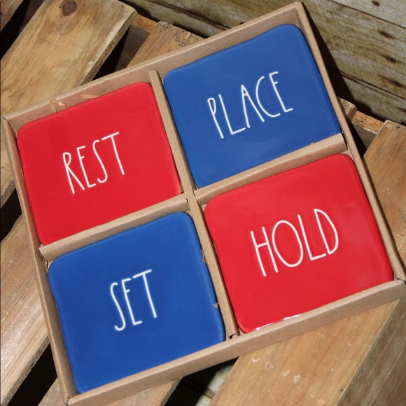 RAE DUNN REST/SET/HOLD/PLACE red/blue ceramic coaster set NIB - Picture 5 of 15